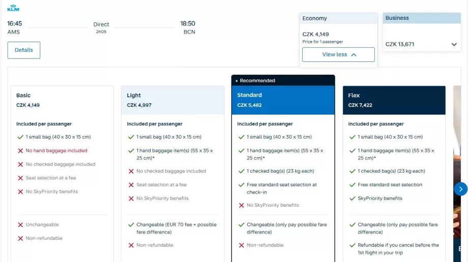 Air France-KLM: skjermbilde av den nye billettprisen