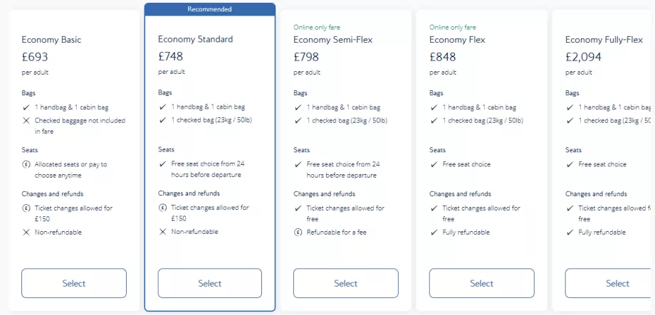 British Airways økonomiklasser