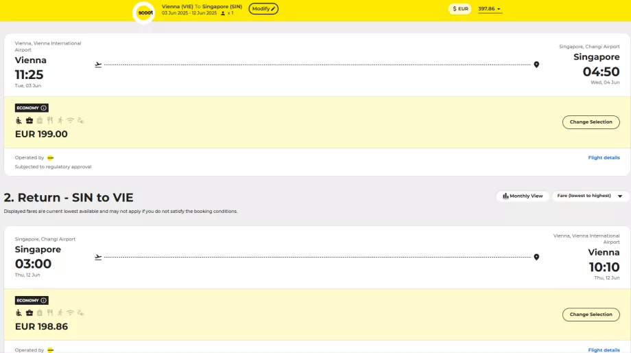 Eksempel på flyreise Wien - Singapore