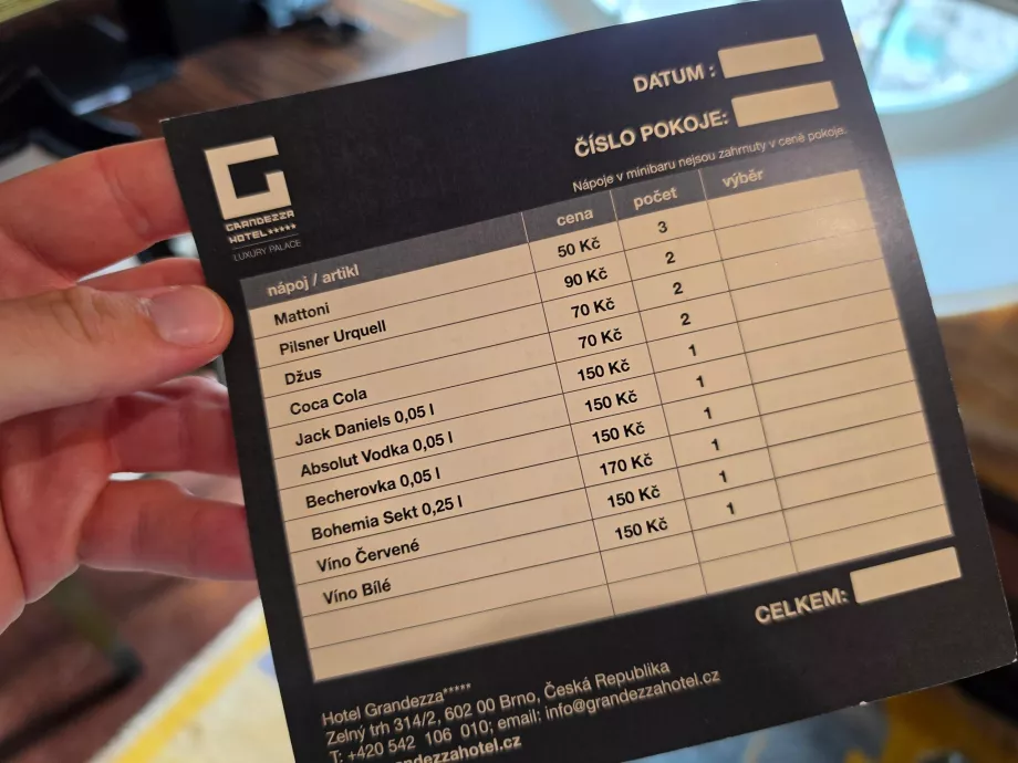 Prisliste for minibar (den samme for alle romtyper)