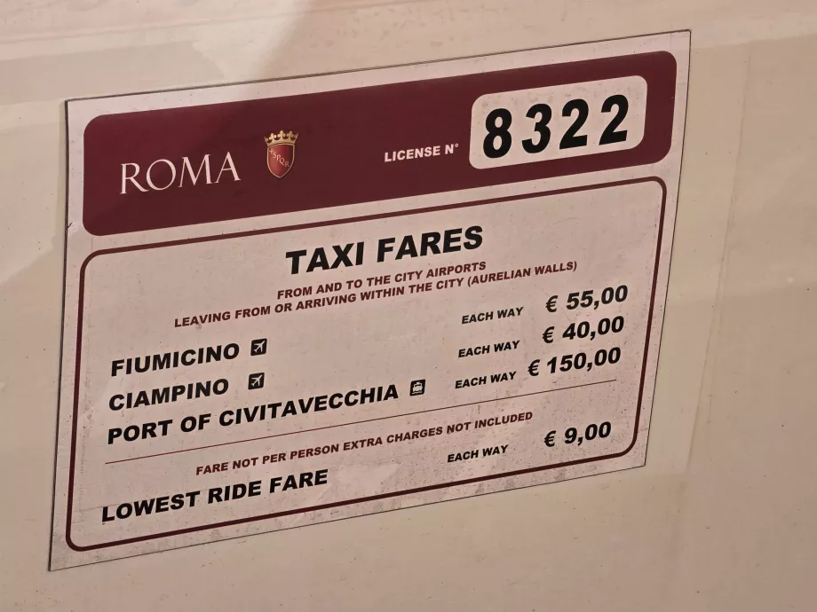Offisielle taxipriser i Roma