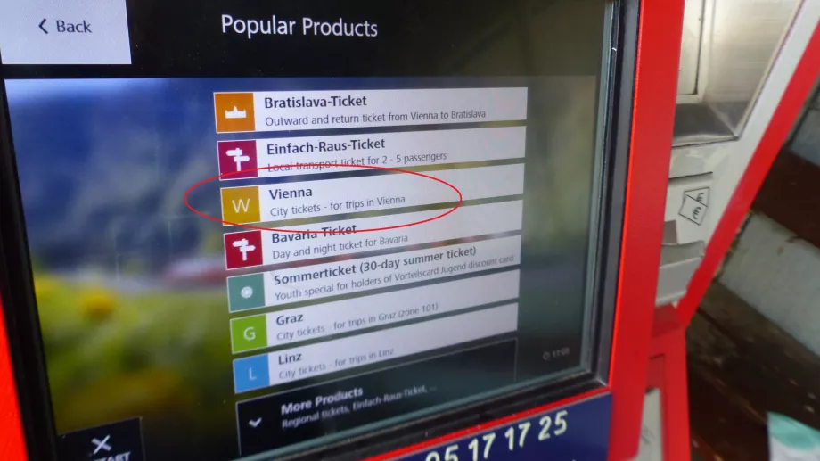 Valg av billett til Wien på ÖBB/VOR-billettautomaten