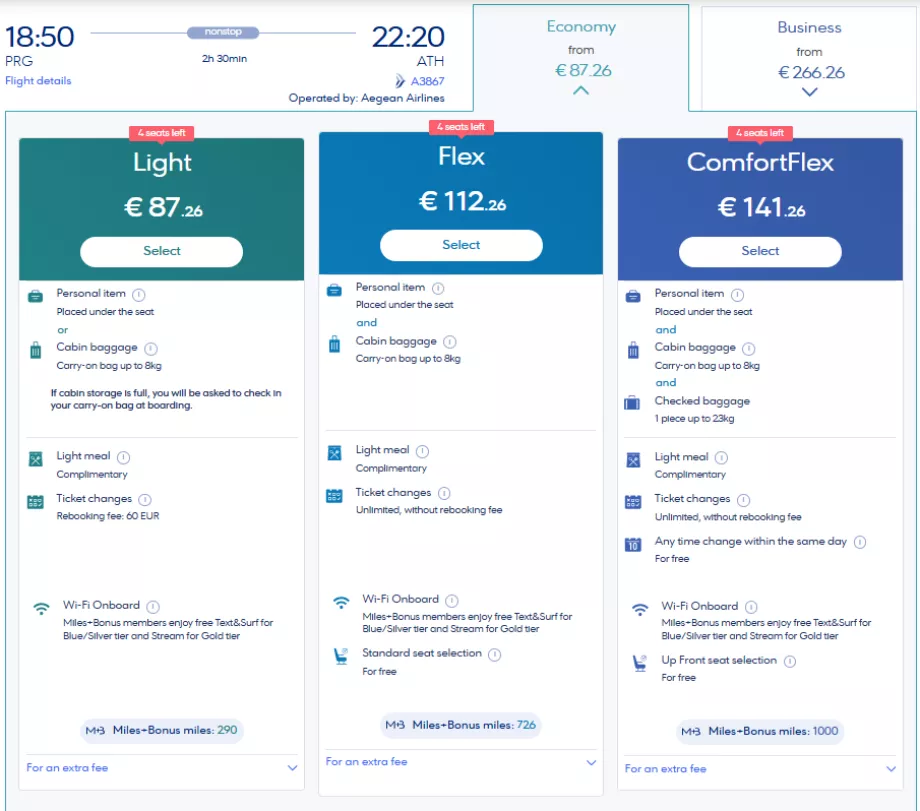 Aegean Airlines' prisklasser