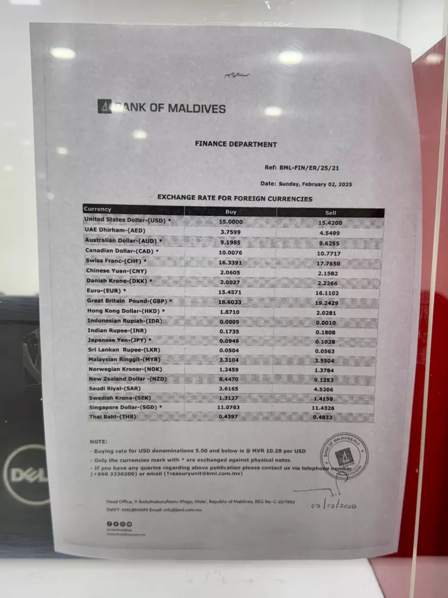 Valutakursbillett Bank of Maldives Malé MLE